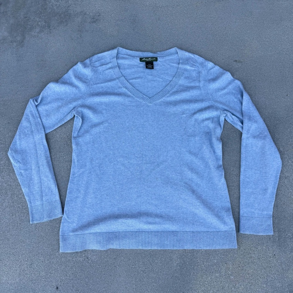 Eddie Bauer Women XL Light Blue Cotton Cashmere V-Neck Long Sleeve Sweater